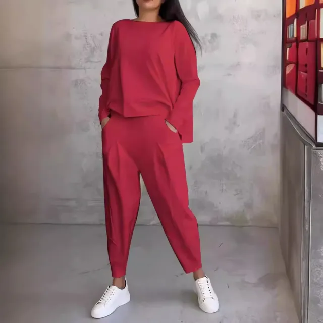 Women's Solid Color Casual Tappered Round Neck Long Sleeve Two Pieces Red - Shop at LoveMi