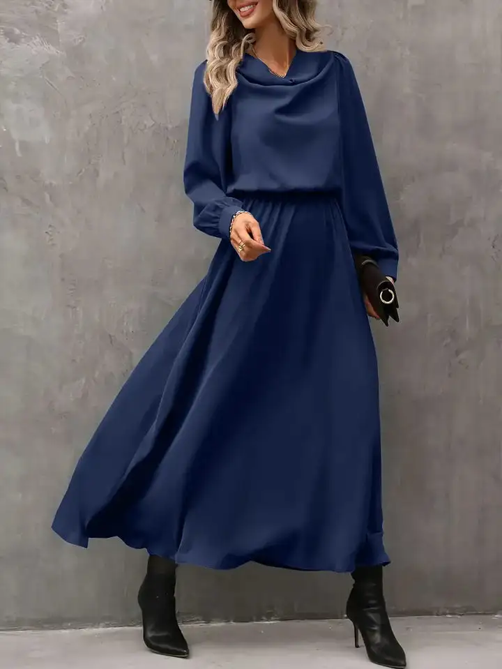 Women's Fashionable Long Sleeved Hanging Dress - Blue