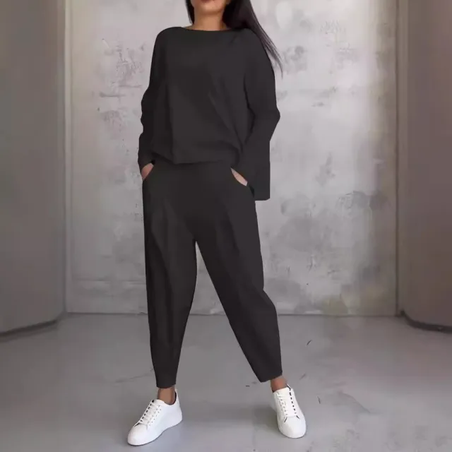 Women's Solid Color Casual Tappered Round Neck Long Sleeve Two Pieces Black - Shop at LoveMi