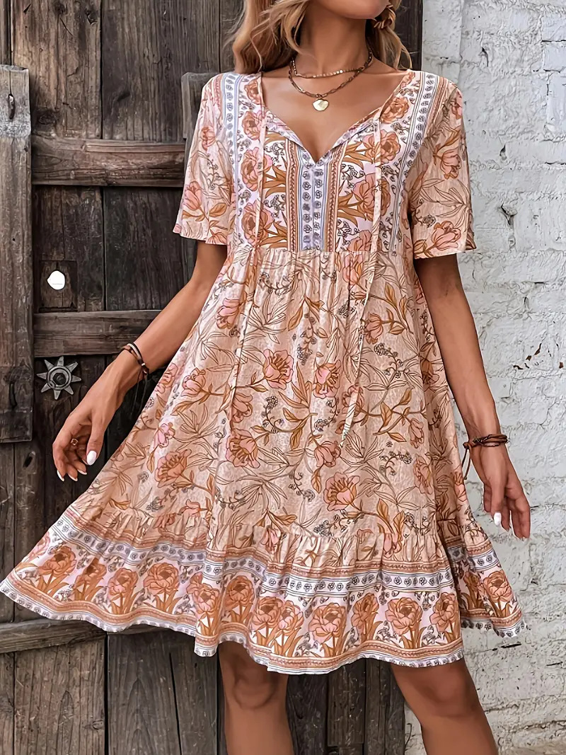 Small Floral V neck Loose Casual Bohemian Vacation Style Dress Orange - Shop at LoveMi
