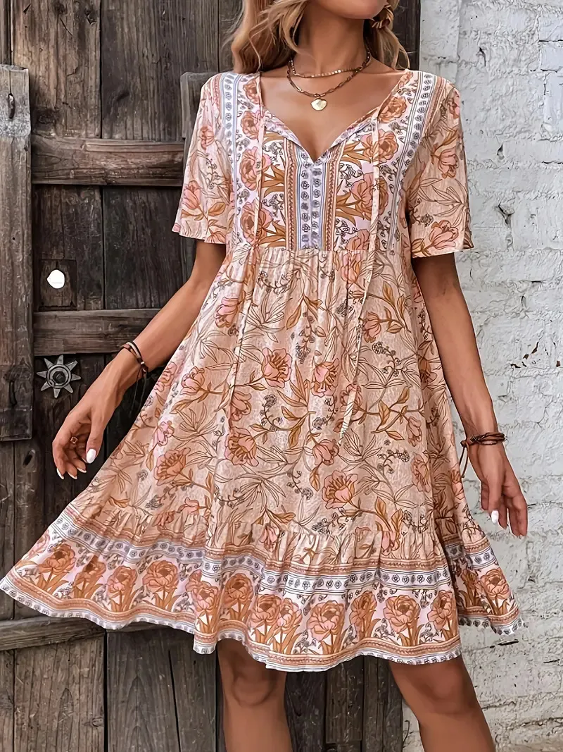 Small Floral V-neck Loose Casual Bohemian Vacation Style Dress - Orange