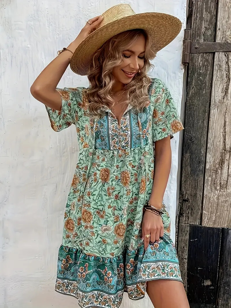 Small Floral V neck Loose Casual Bohemian Vacation Style Dress Green - Shop at LoveMi