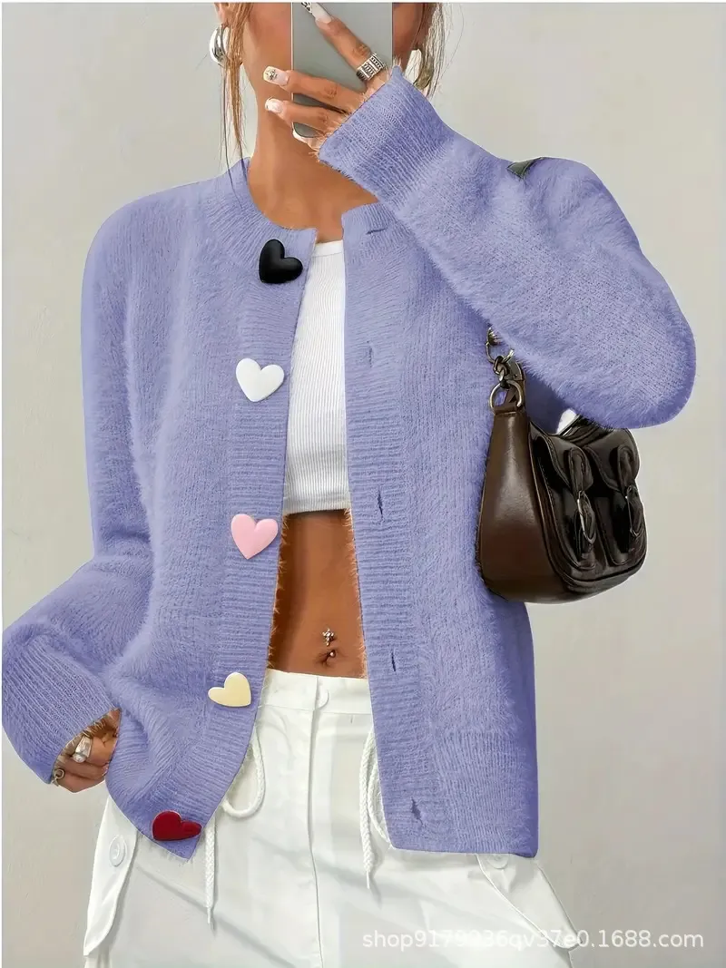 Crew Neck Casual Colour Heart-shaped Button Sweater - Violet