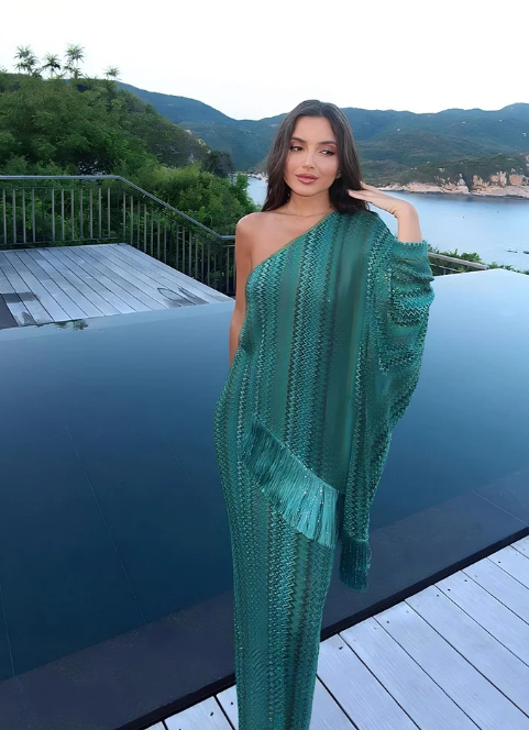 Bohemian style Serrated Striped Tassel Hem Set One Shoulder Dress - Shop at LoveMi