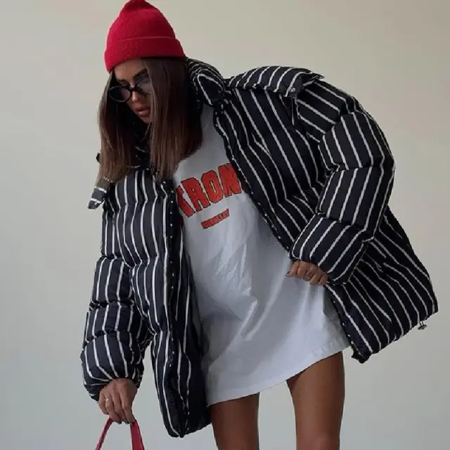 Warm Stand Collar Striped Hooded Cotton Coat Jacket Black - Shop at LoveMi