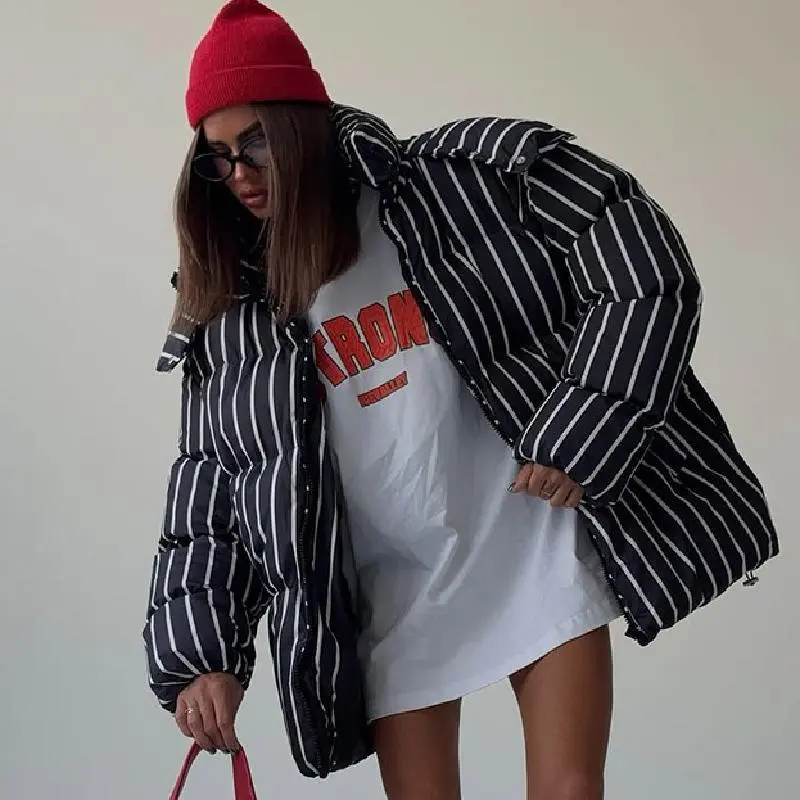 Warm Stand Collar Striped Hooded Cotton Coat Jacket - Black