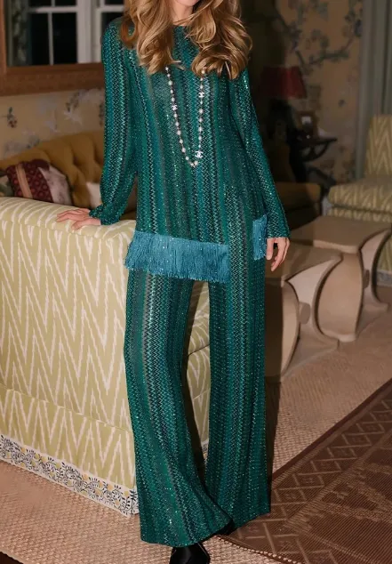 Bohemian style Serrated Striped Tassel Hem Set Shirt And Trousers - Shop at LoveMi