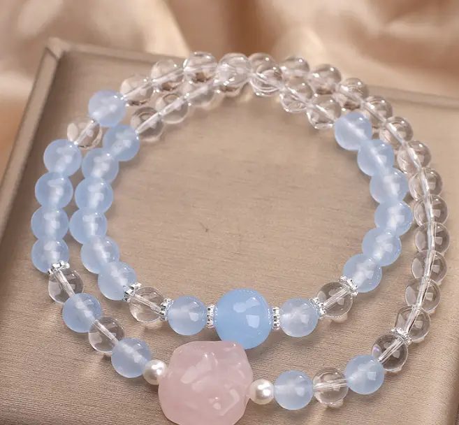 Natural Aquamarine White Crystal Double Ring Bracelet