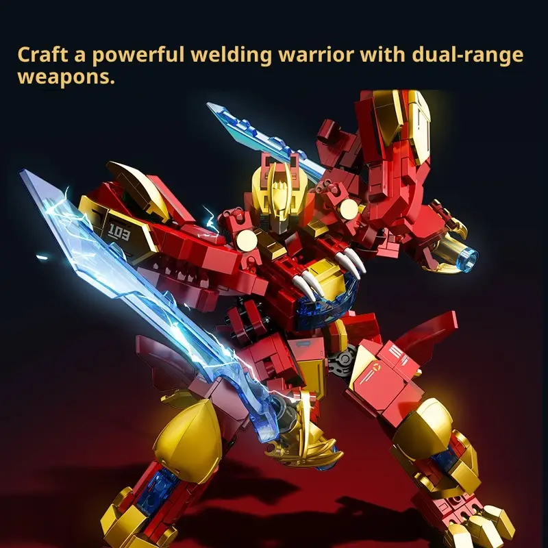 God Of War In Flames Mecha Robot Building Blocks Small Particles Boy Assembly Model