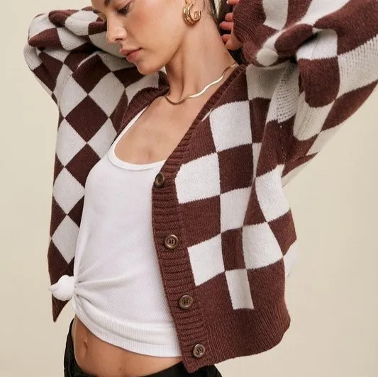Women's Single breasted Plaid Commuter Chanel Style Long Sleeve Sweater Brown - Shop at LoveMi