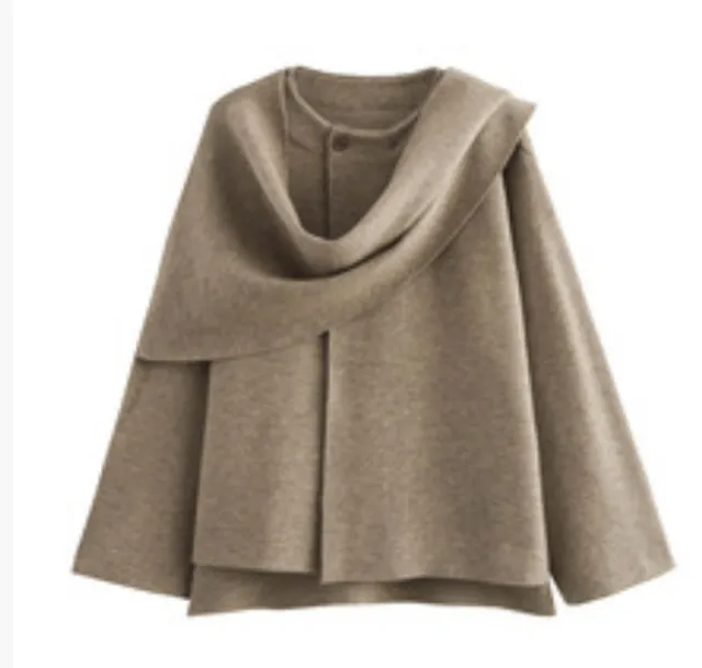 Women's Asymmetric Scarf Short Knitted Overcoat Jacket Light Khaki - Shop at LoveMi