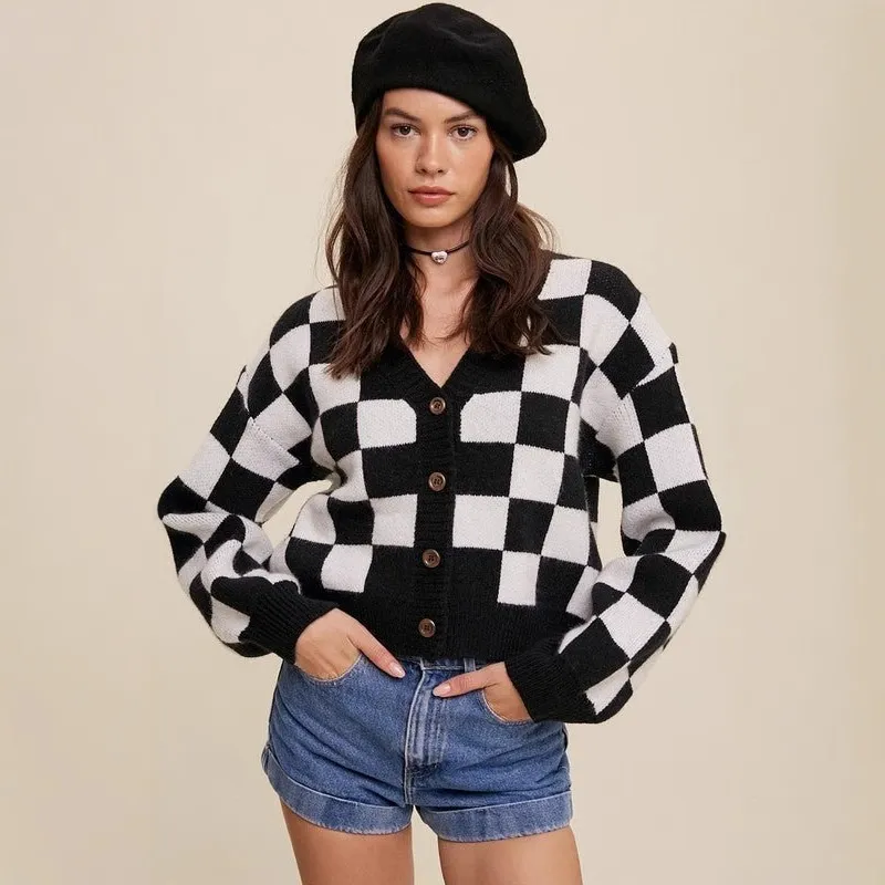 Women's Single-breasted Plaid Commuter Chanel Style Long Sleeve Sweater - Black