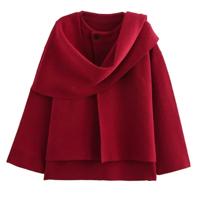 Women's Asymmetric Scarf Short Knitted Overcoat Jacket - Red