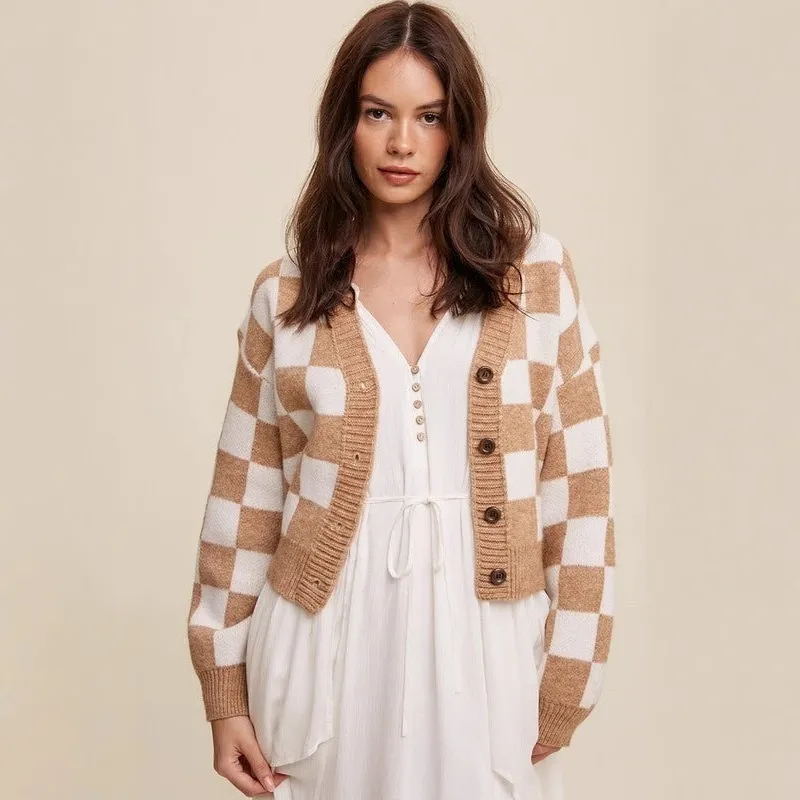 Women's Single-breasted Plaid Commuter Chanel Style Long Sleeve Sweater - Khaki