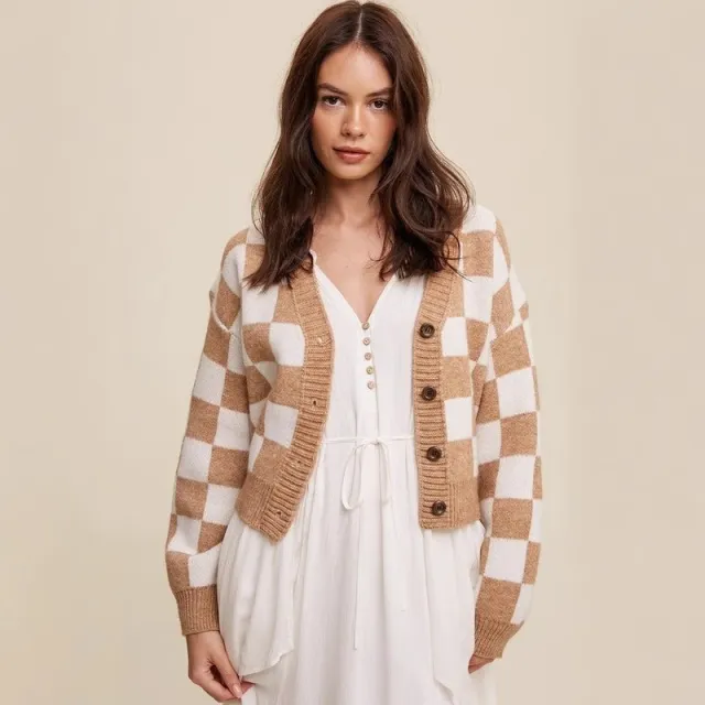 Women's Single breasted Plaid Commuter Chanel Style Long Sleeve Sweater Khaki - Shop at LoveMi