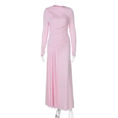 Elegant Slim Pleated Zipper Round-neck Long-sleeved Dress - Pink - View 1