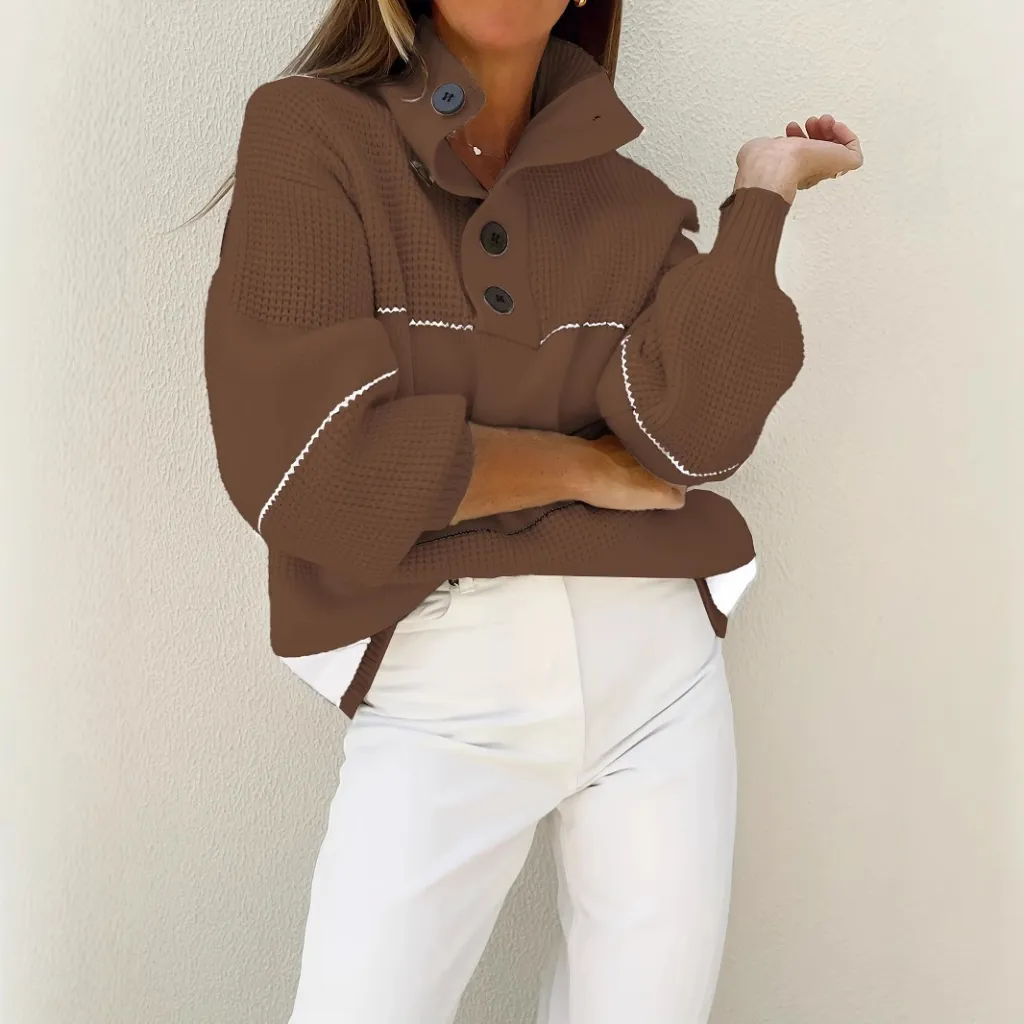 Autumn And Winter Women's Loose Striped Turtleneck Sweater - Camel Colour