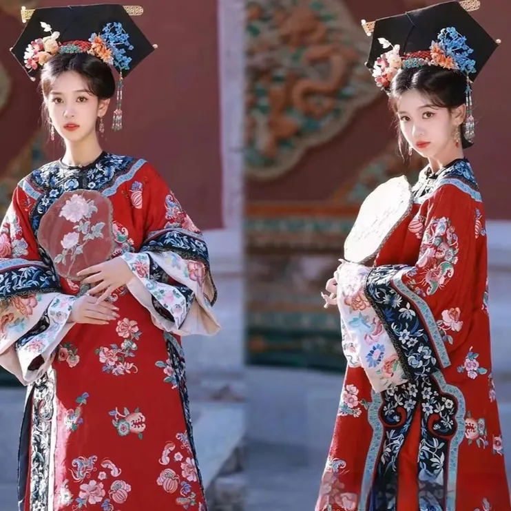 Women's Han Qing Dynasty Printed Ancient Costume Qing Dynasty Yanji Princess Cheongsam Court Princess Dress Two-piece Set - Red
