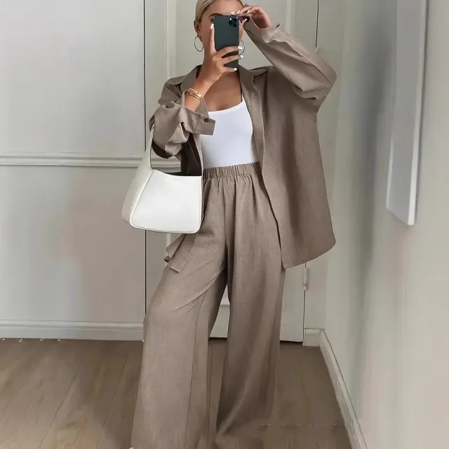 Loose Profile Long Sleeve Shirt High Waist Drooping Wide Leg Pants Two piece Set Camel - Shop at LoveMi