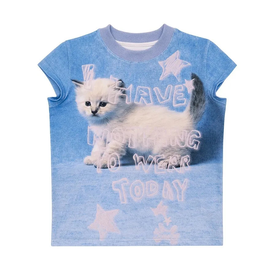 Vintage Print Round Neck Slim-fit Tops Women - Blue