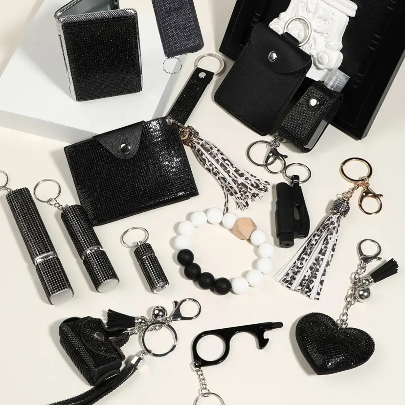 Black Sparkling Diamond Multi-functional Keychain Set