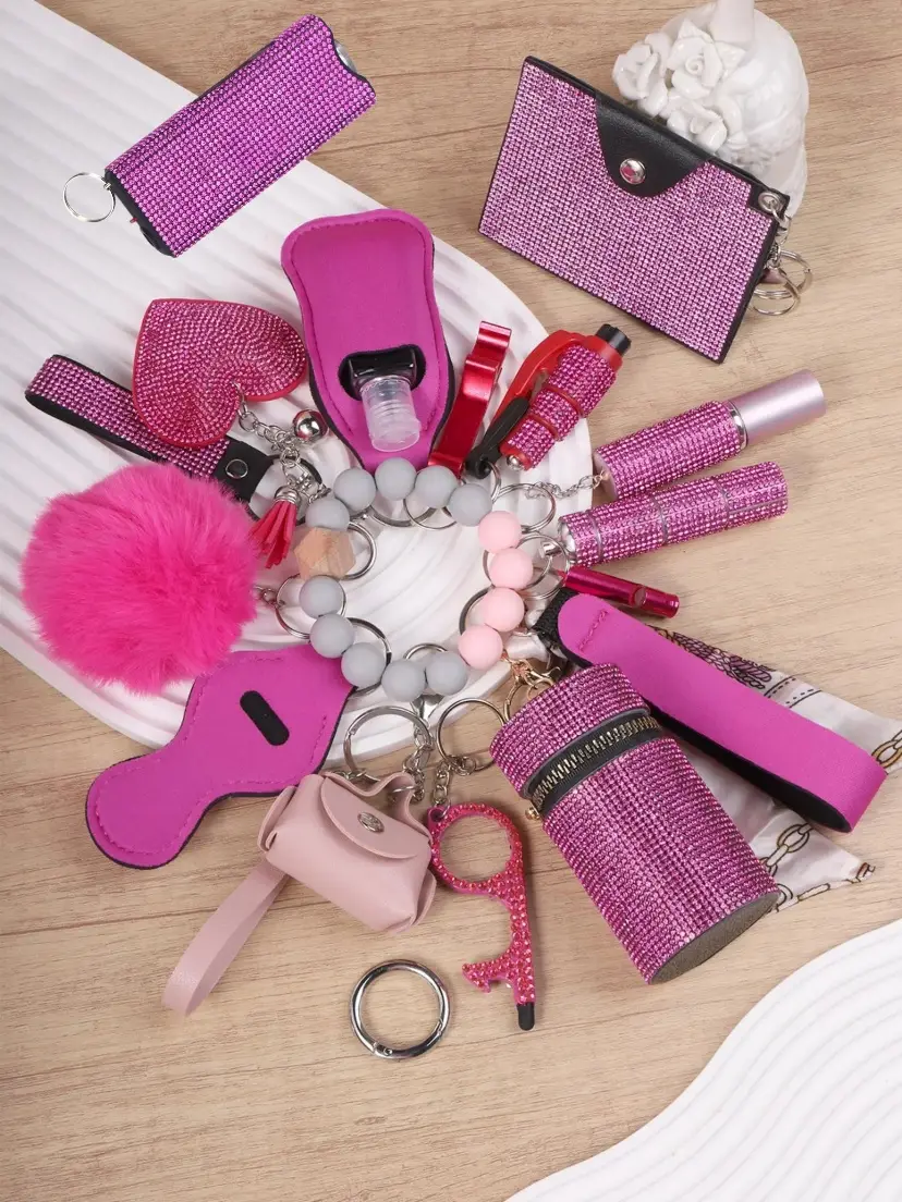 Rose Sparkling Diamond Multi-functional Keychain Set