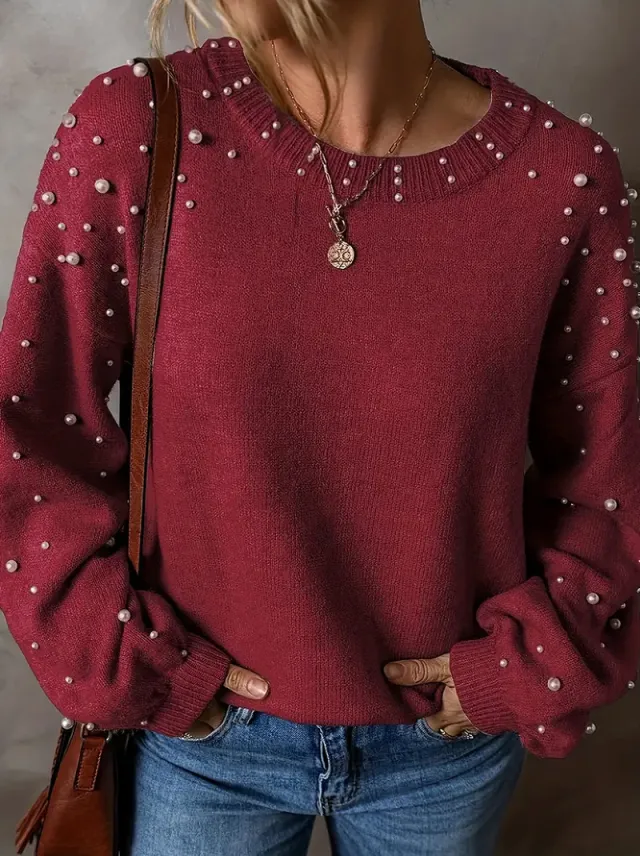 Women's Loose Beaded Round Neck Pullover Long Sleeve Sweater Red - Shop at LoveMi