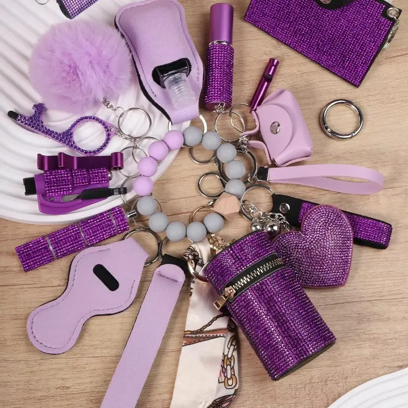 Purple Sparkling Diamond Multi-functional Keychain Set