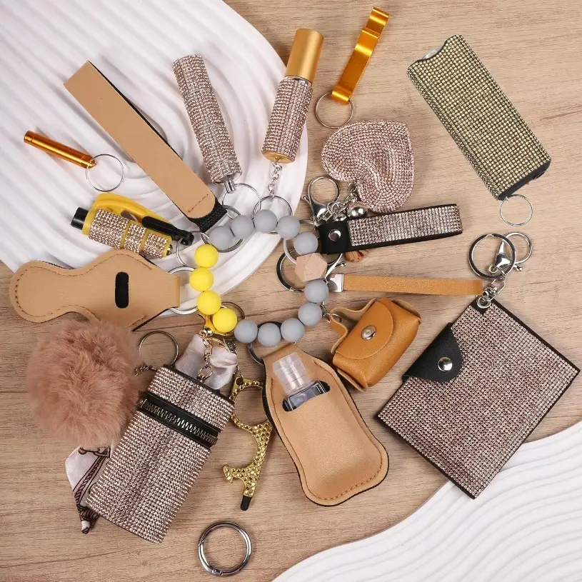 Gold Sparkling Diamond Multi-functional Keychain Set