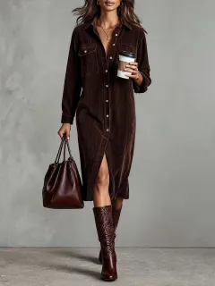 Turn-Down Collar Buttons Chic Casual Dress, Women Spring Autumn Solid Simple Party Dress, Long Sleeve Holiday Ladies Dress - Coffee - View 1