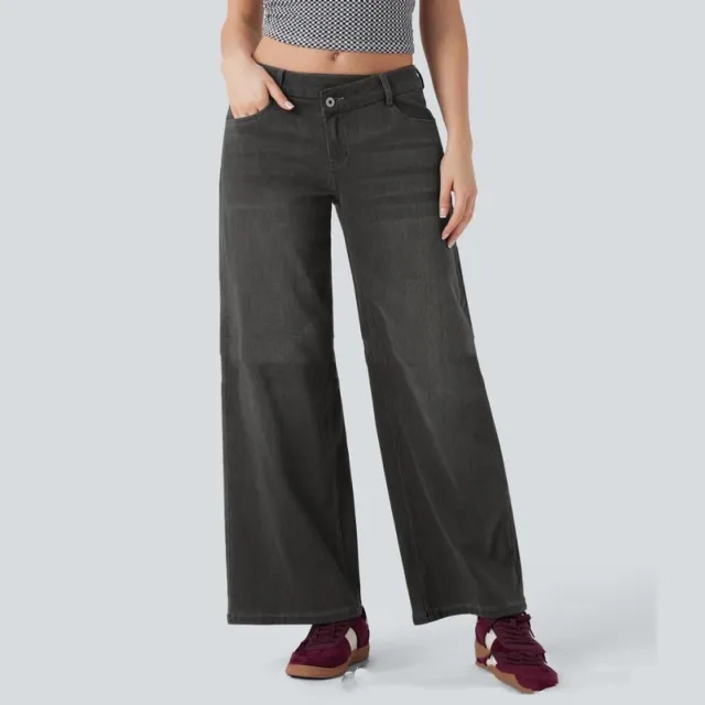 Low Waist Loose Buckle Loose Wide Leg Jeans Black - Shop at LoveMi