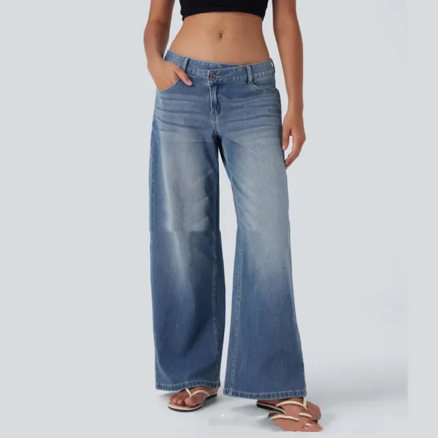 Low Waist Loose Buckle Loose Wide Leg Jeans Dark Blue - Shop at LoveMi