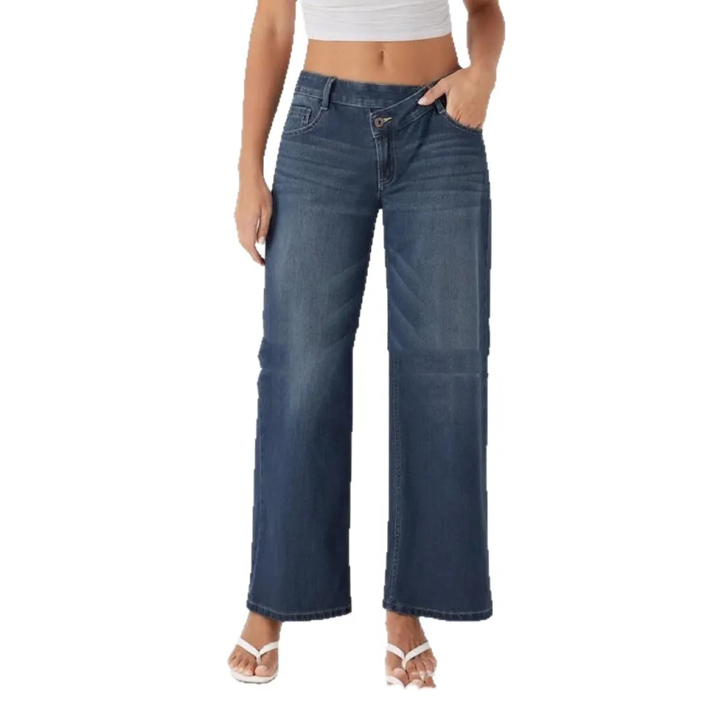Low Waist Loose Buckle Loose Wide Leg Jeans - Navy