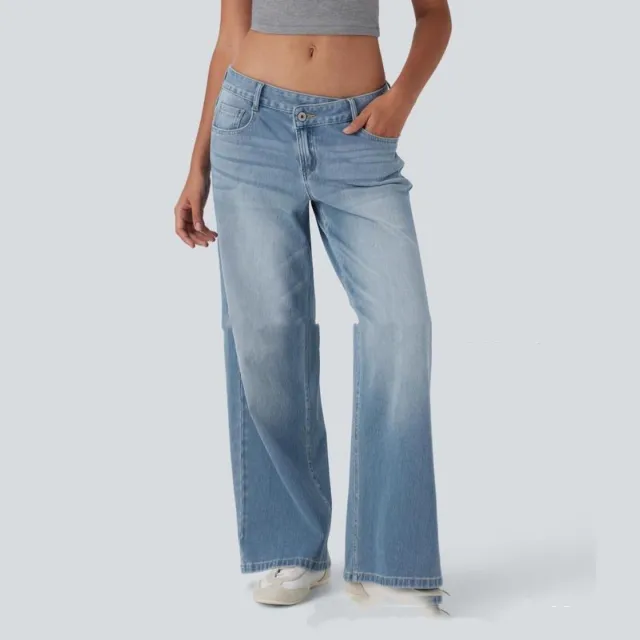 Low Waist Loose Buckle Loose Wide Leg Jeans Light Blue - Shop at LoveMi