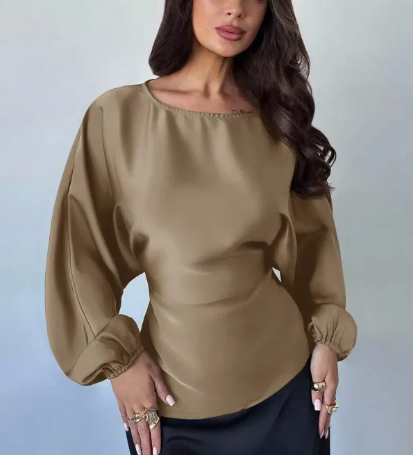 Casual Round Neck Lace-up Waist Shirt For Women - Caramel Mocha-M