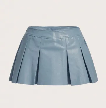 New Bottoms Solid Color PU Leather Pleated Skirt Blue - Shop at LoveMi