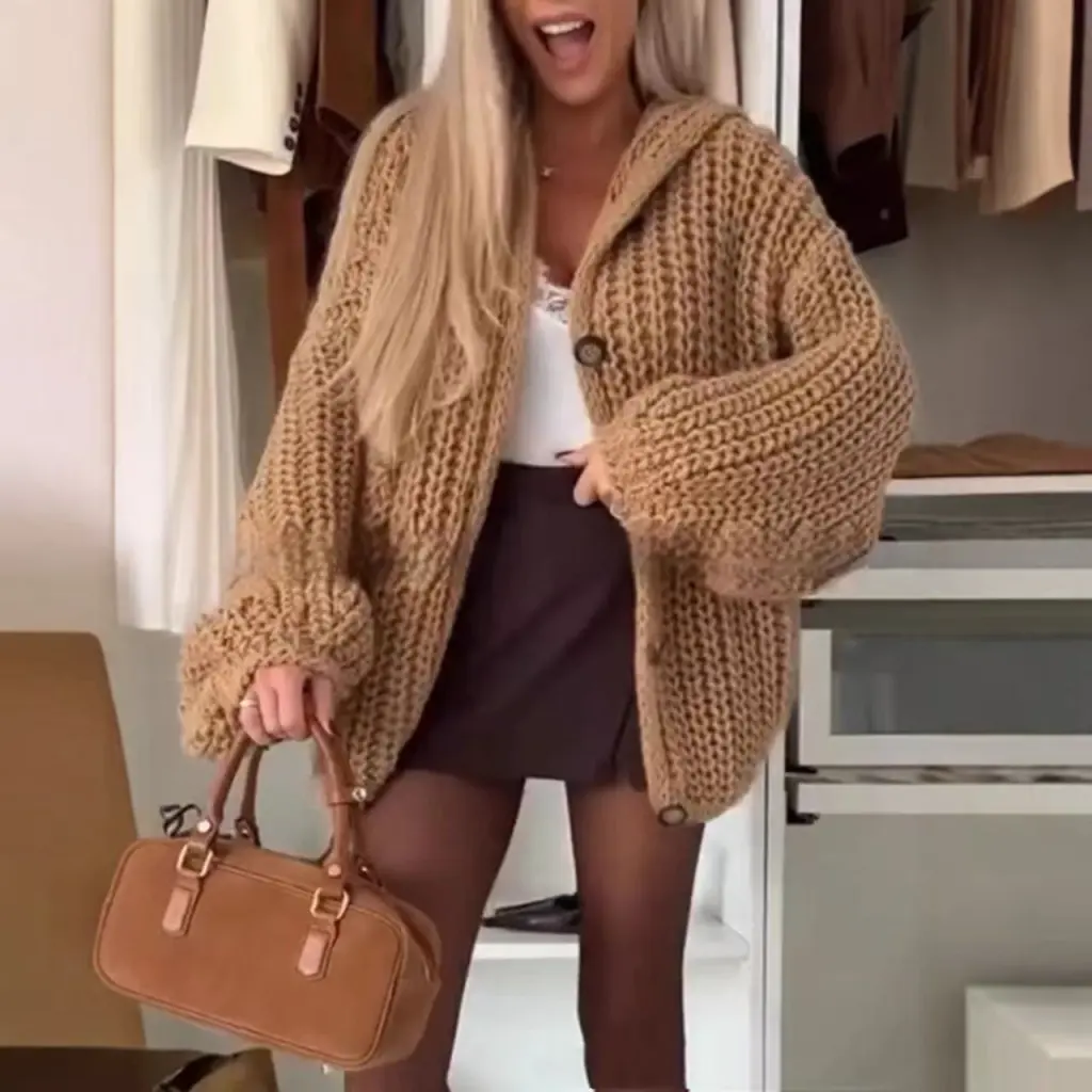 Loose And Lazy Style Hooded Knit Cardigan Women - Camel