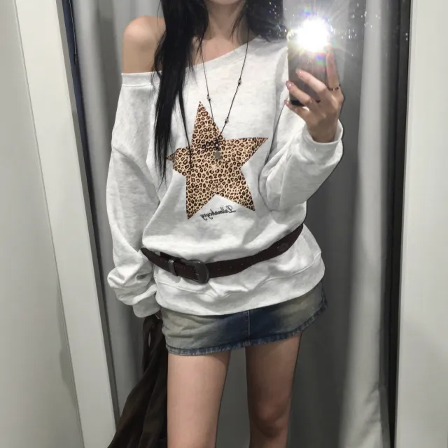 Printed Large Hoody Women's Clothing Loose And Idle Comfortable Crew Neck Coat Gray - Shop at LoveMi