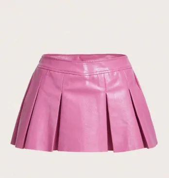 New Bottoms Solid Color PU Leather Pleated Skirt Pink - Shop at LoveMi