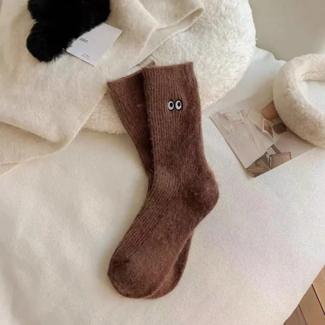 Autumn And Winter Small Eyes Mid calf Plus Velvet Socks Red Brown - Shop at LoveMi