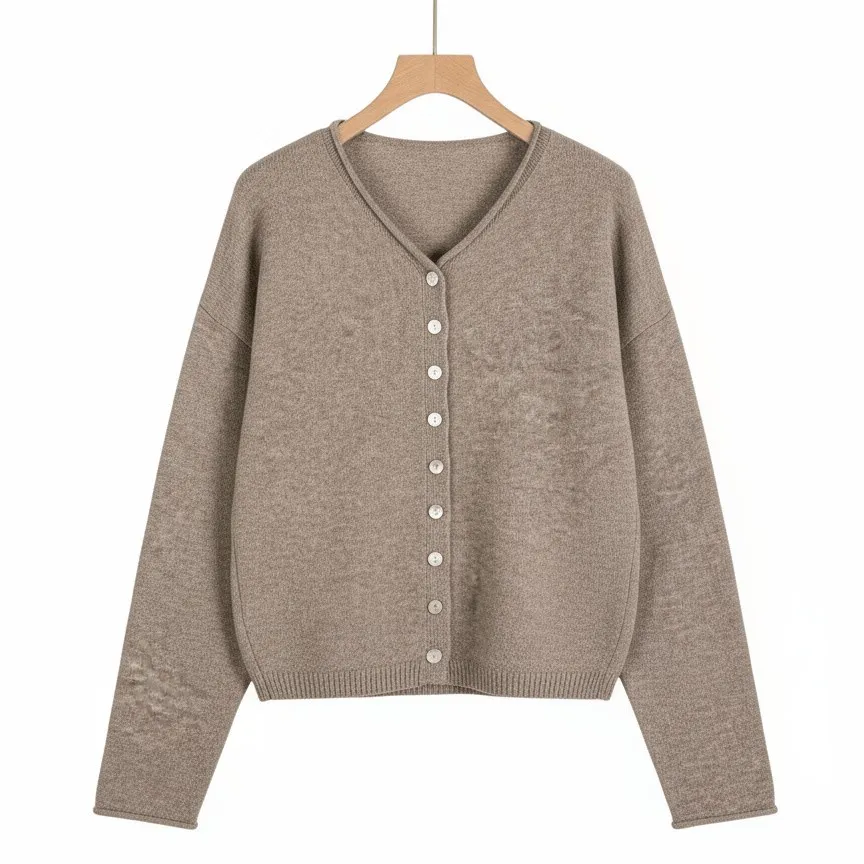 Women's Long Sleeve Solid Color Knitted Cardigan - Camel