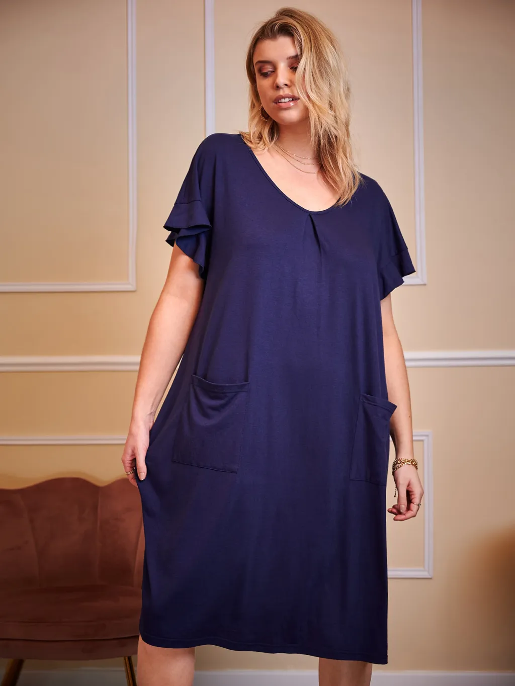 Women's Short Sleeve Loose Round Neck Pocket Home Wear Nightdress - Navy