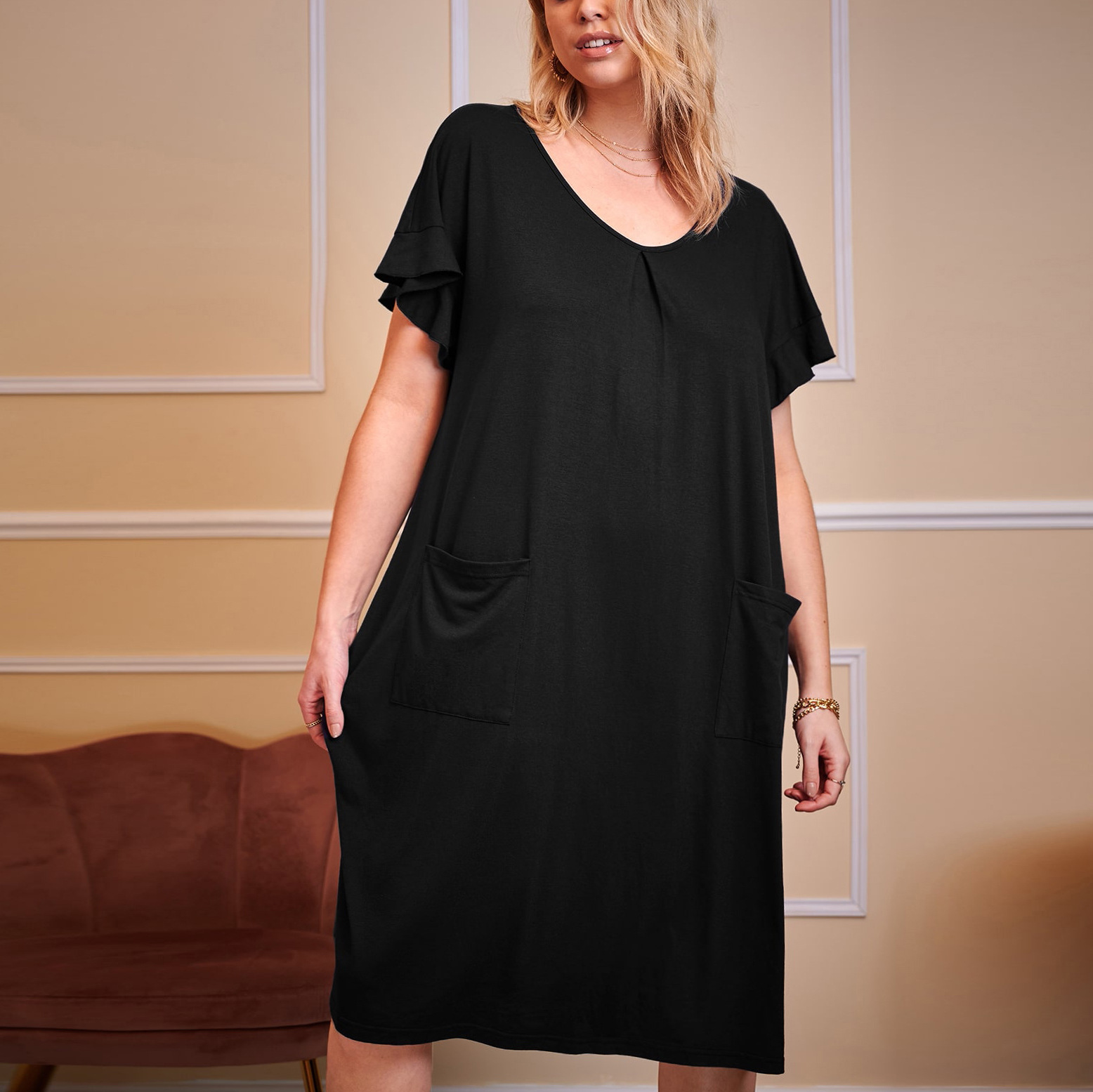 Women's Short Sleeve Loose Round Neck Pocket Home Wear Nightdress Black - Shop at LoveMi
