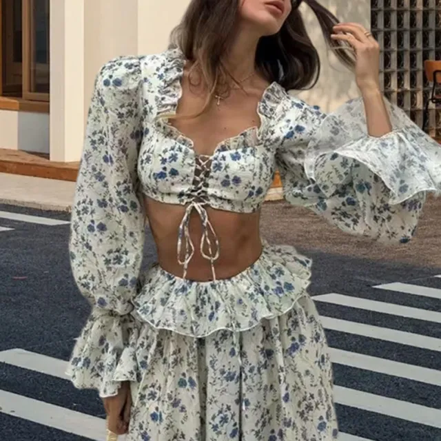 Floral Print Long Sleeve Waist Drawstring Floral Pants Two piece Set White Floral Suit - Shop at LoveMi