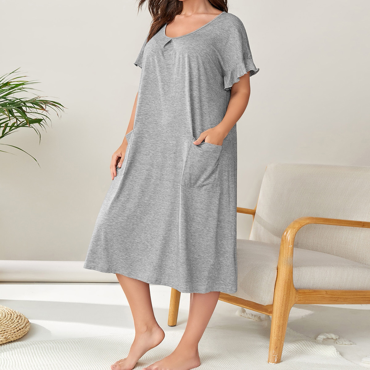 Women's Short Sleeve Loose Round Neck Pocket Home Wear Nightdress Shallow Flower Ash 5Xl - Shop at LoveMi
