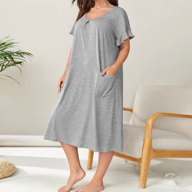 Women's Short Sleeve Loose Round Neck Pocket Home Wear Nightdress Shallow Flower Ash - Shop at LoveMi