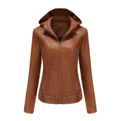 Women's Clothing Fleece-lined Thickened Leather Coat Hooded - Brown - View 1