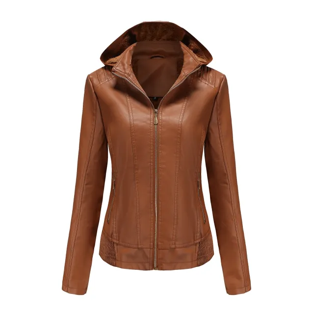 Women's Clothing Fleece lined Thickened Leather Coat Hooded Brown - Shop at LoveMi