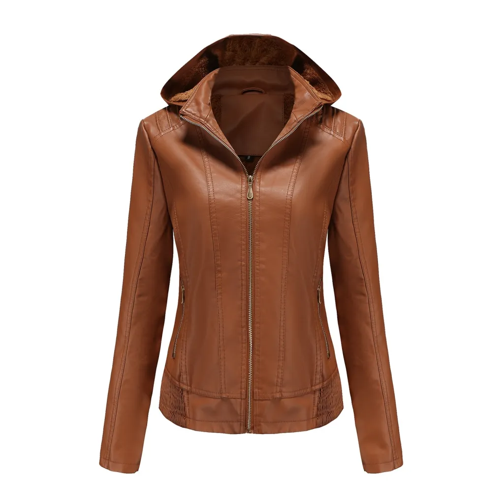 Women's Clothing Fleece-lined Thickened Leather Coat Hooded - Brown