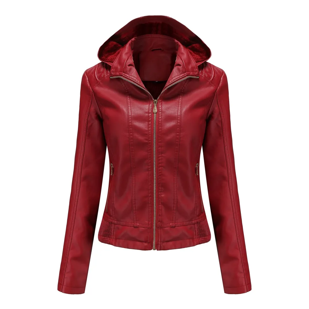 Women's Clothing Fleece-lined Thickened Leather Coat Hooded - Red 2